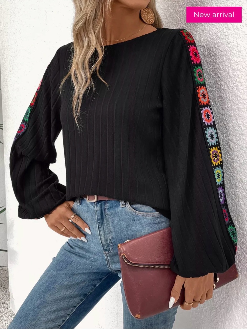 Black Ribbed Long-Sleeve Top with Colorful Floral Sleeve Granny Squares Medium - Picture 2 of 10